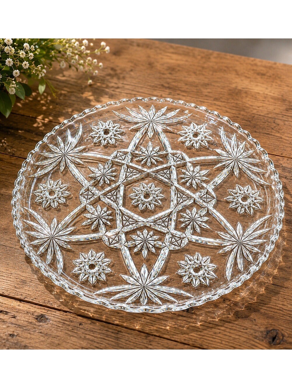 Anchor Hocking 1960s EAPC Star Of David Pressed Glass Platter Plate, 13.5”